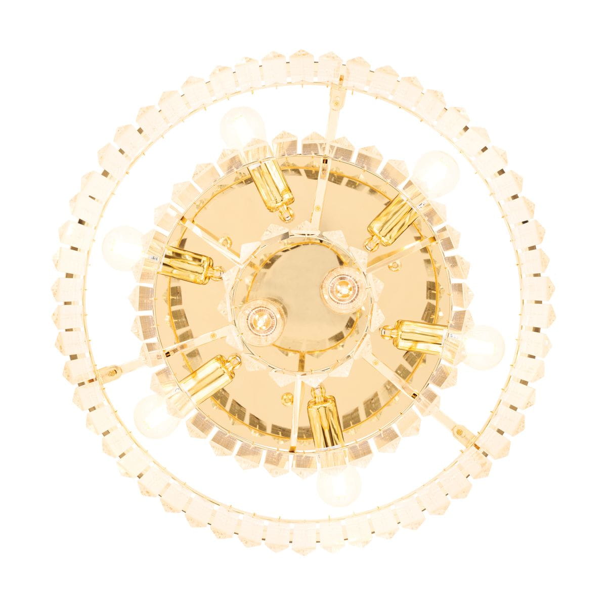Lampa sufitowa Splendore D50 w kolorze złotym, z ośmioma gniazdami E14. Okrągła, wykonana z metalu i przezroczystego szkła, z dekoracyjnym obręczem. Widok z góry, ukazujący szczegóły konstrukcji i rozmieszczenie źródeł światła.