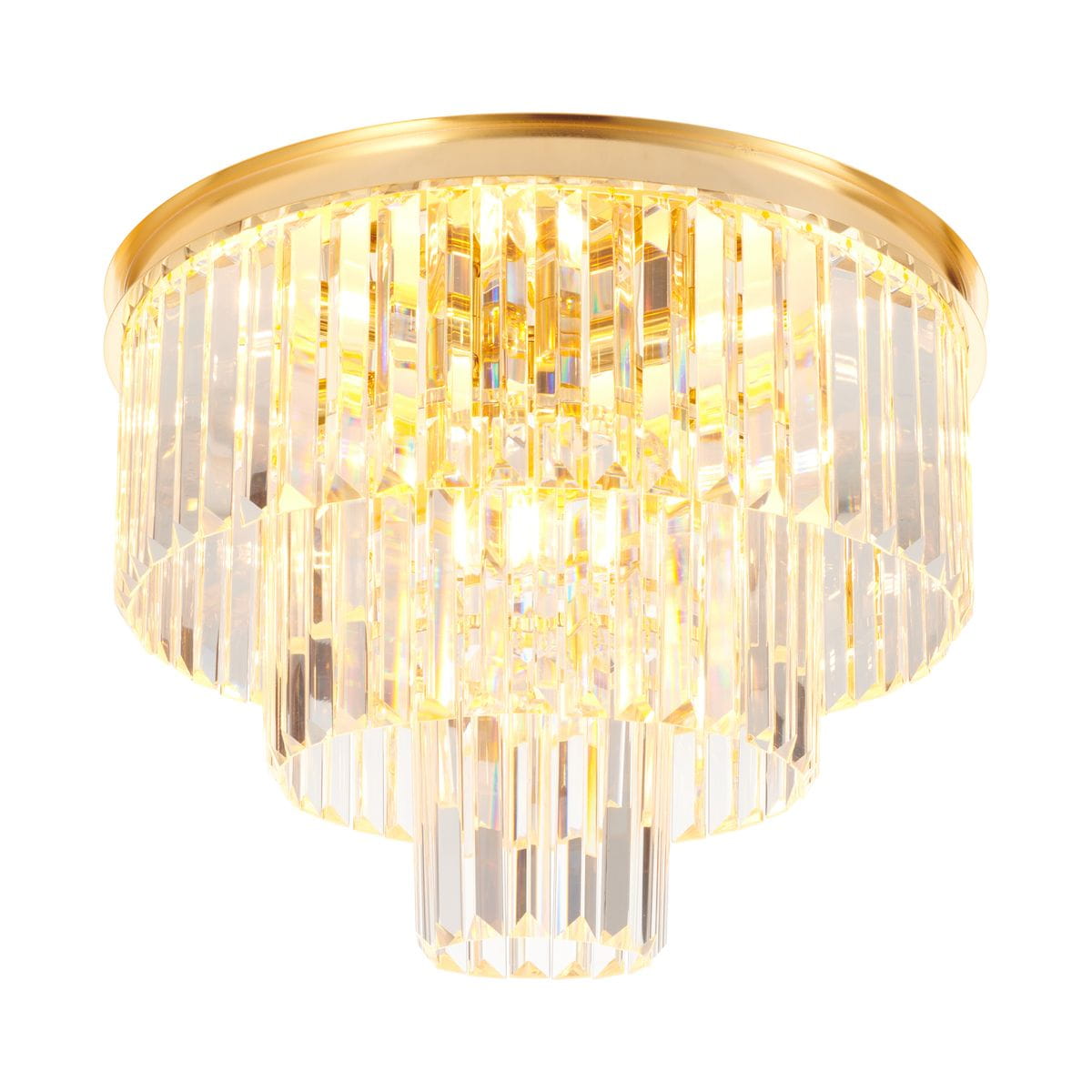 Lampa sufitowa Splendore D50 w kolorze złotym, z osiemnastoma miejscami na żarówki E14, z dekoracyjnymi, szklanymi elementami w formie szczotkowanych prostokątów, zamontowana na okrągłej podstawie. Ujęcie z dołu, ukazujące detale i blask kryształów.