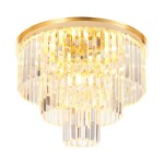 Lampa sufitowa Splendore D50 w kolorze złotym, z osiemnastoma miejscami na żarówki E14, z dekoracyjnymi, szklanymi elementami w formie szczotkowanych prostokątów, zamontowana na okrągłej podstawie. Ujęcie z dołu, ukazujące detale i blask kryształów.