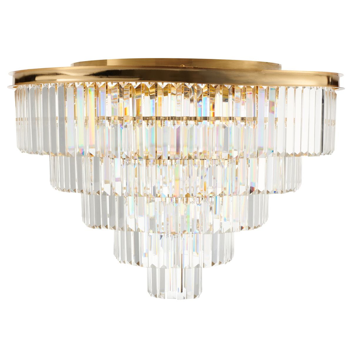 Lampa sufitowa Splendore D80 w złotym wykończeniu, z 15 miejscami na żarówki E14. Konstrukcja z przejrzystych kryształowych elementów w kształcie prostokątów, tworzących efektowne warstwy. Ujęcie z boku, ukazujące detale i teksturę.