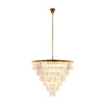 Lampa wisząca Splendore D100 w kolorze złotym, z 15 gniazdami E14. Ma kształt stożka z przezroczystymi, szklanymi elementami, które tworzą efektowne warstwy. Zawieszona na złotej łańcuszku, idealna do eleganckich wnętrz.