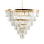 Lampa wisząca Splendore D100 z 15 gniazdami E14. Złota podsufitka z wykończeniem w kształcie stożka, ozdobiona przezroczystymi kryształkami w formie pionowych prętów, tworzącymi efektowną formę na białym tle.