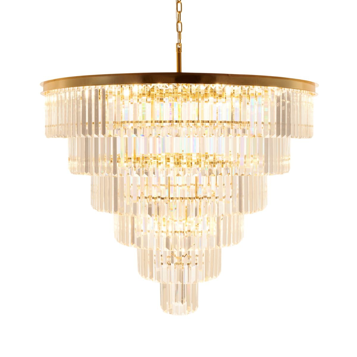 Lampa wisząca Splendore D100 z 15 gniazdami E14, złota konstrukcja z przezroczystymi kryształowymi elementami w formie warstwowej, zawieszona na łańcuchu, w eleganckim designie, przeznaczona do wnętrz.