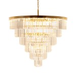 Lampa wisząca Splendore D100 z 15 gniazdami E14, złota konstrukcja z przezroczystymi kryształowymi elementami w formie warstwowej, zawieszona na łańcuchu, w eleganckim designie, przeznaczona do wnętrz.