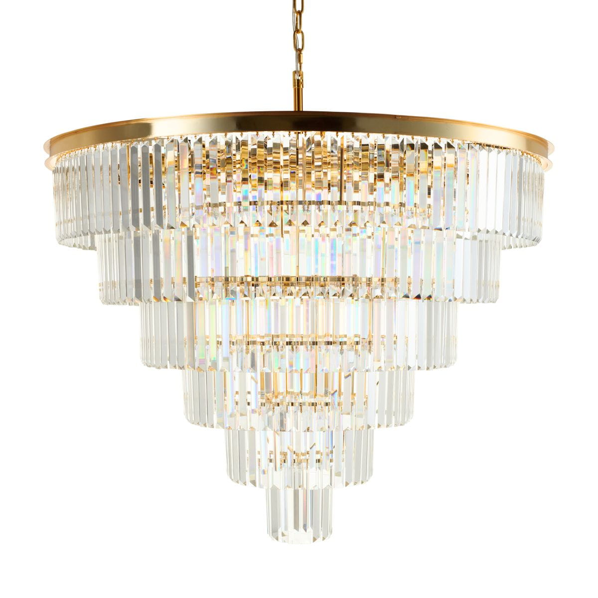 Lampa wisząca Splendore D100 z 15 gniazdami E14, złota konstrukcja z przezroczystymi, szklanymi kryształami w formie warstwowej, wisząca na łańcuchu, z efektownym blaskiem i refleksami świetlnymi, na białym tle.