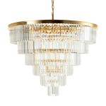 Lampa wisząca Splendore D100 z 15 gniazdami E14, złota konstrukcja z przezroczystymi, szklanymi kryształami w formie warstwowej, wisząca na łańcuchu, z efektownym blaskiem i refleksami świetlnymi, na białym tle.