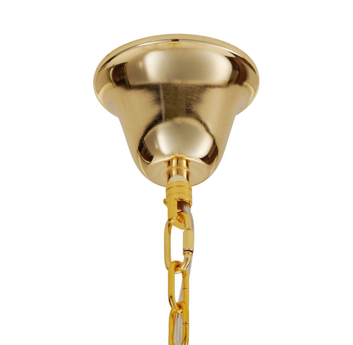 Lampa wisząca Splendore D100 z metalowym, złotym kloszem w kształcie dzwonu. Widoczny łańcuch mocujący oraz elementy montażowe. Ujęcie z dołu, podkreślające elegancki design. Idealna do nowoczesnych wnętrz.