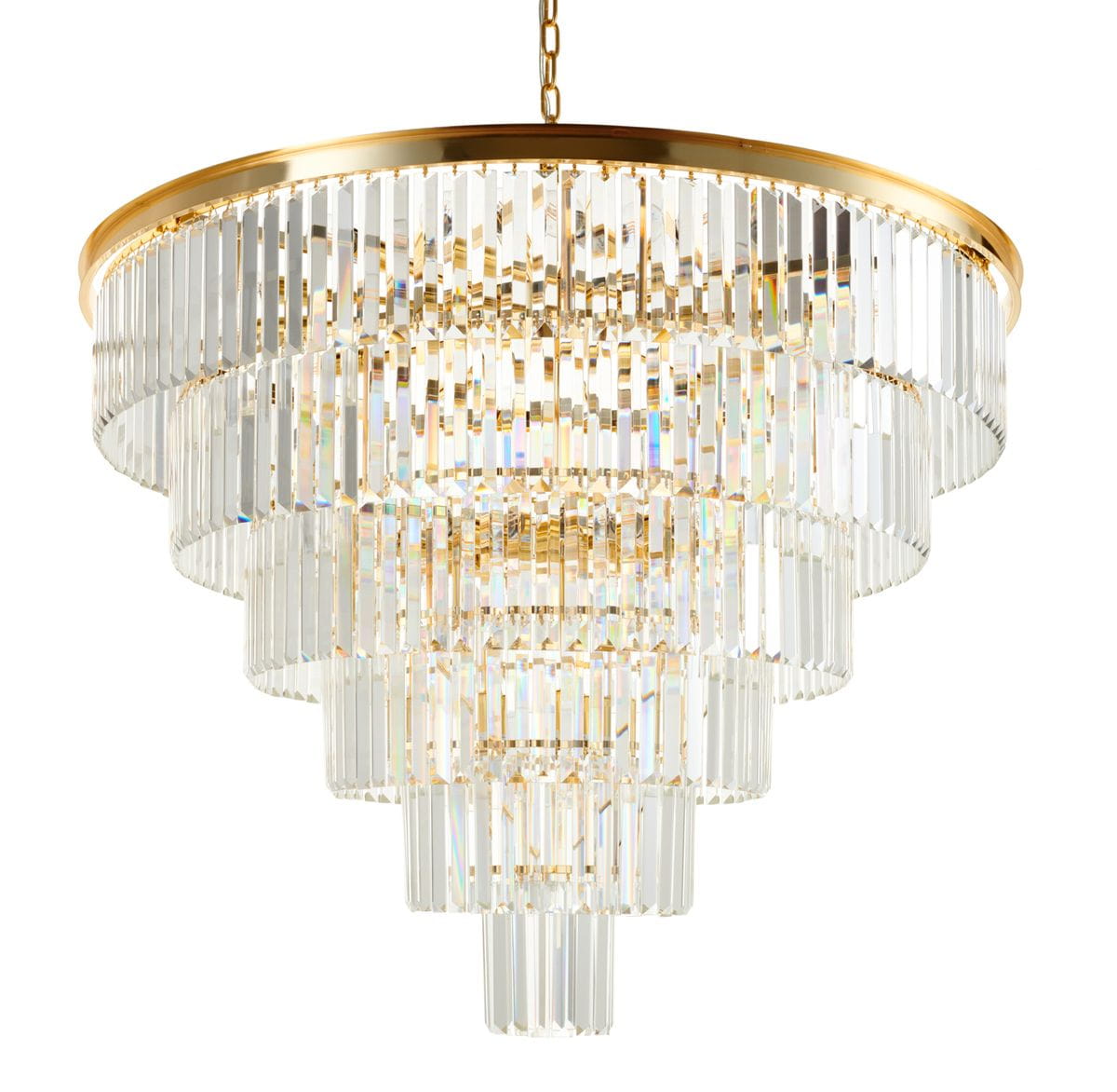 Lampa wisząca Splendore D100 o złotym stelażu z 15 gniazdami E14. Posiada wielowarstwową konstrukcję z przezroczystych, szklanych pryzmatów, które tworzą efektowną, opadającą formę. Zawieszona na łańcuchu, idealna do eleganckich wnętrz.