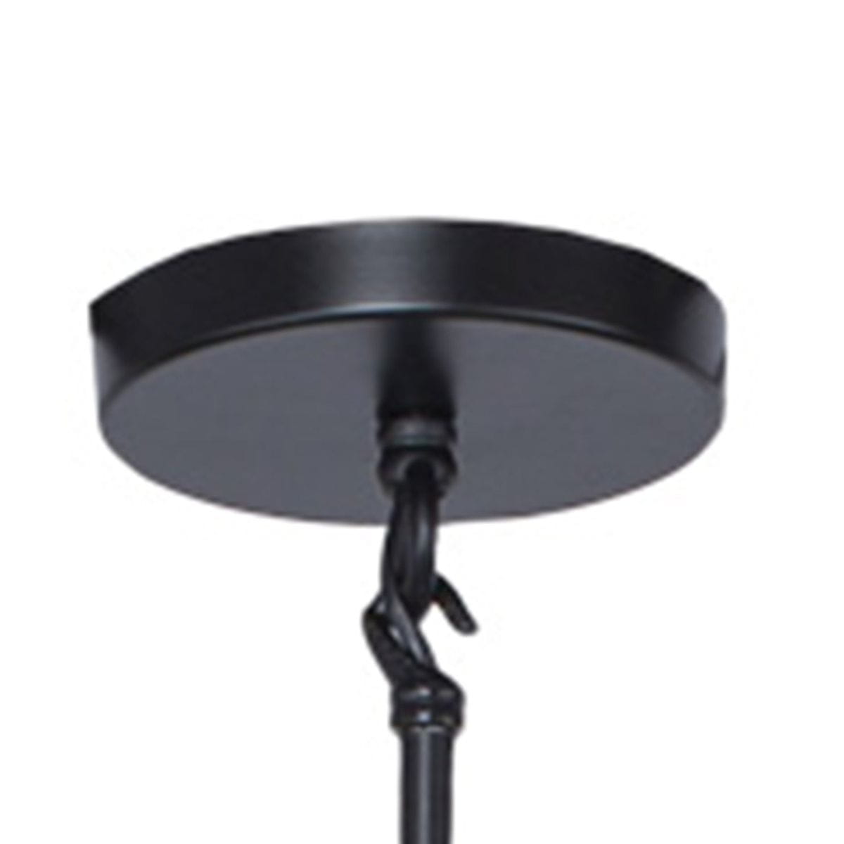 Czarna lampa wisząca Sticks, model ST-1001-6, z okrągłym, matowym stelażem sufitowym. Widoczny element mocujący z przewodem, przeznaczona dla sześciu żarówek G9. Prosta konstrukcja, idealna do nowoczesnych wnętrz.