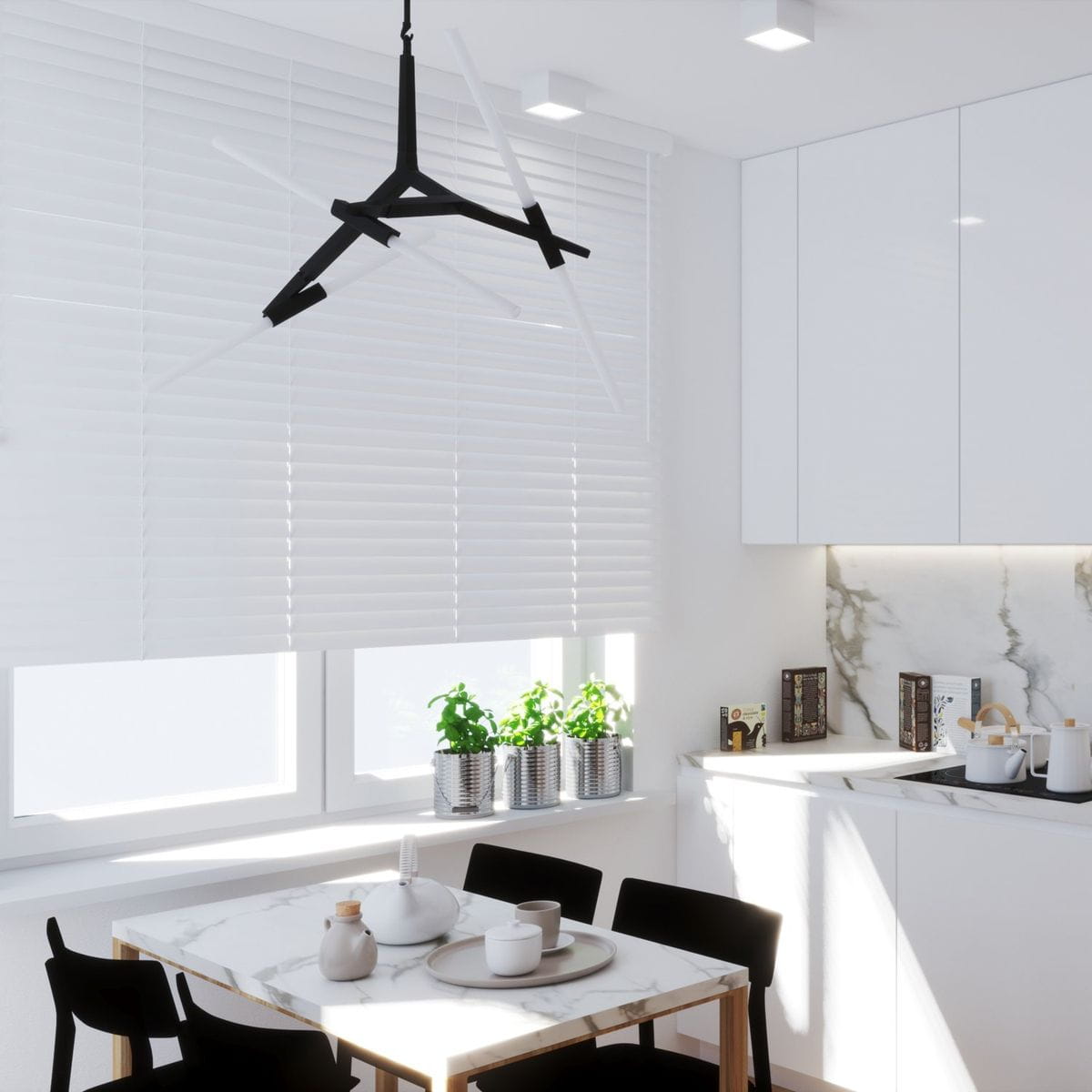 Lampa wisząca Sticks w kolorze czarnym, z sześcioma źródłami światła G9. Zawieszona na cienkim kablu, z minimalistycznym, nowoczesnym designem, składająca się z asymetrycznych ramion. Ujęcie w kuchni, z białymi żaluzjami w tle.