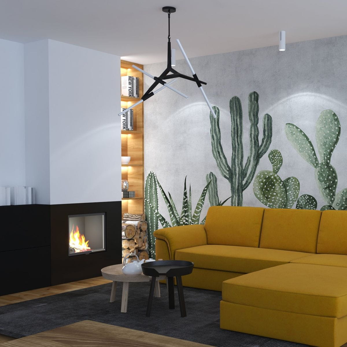 Lampa wisząca Sticks 6xG9 w kolorze czarnym, z nowoczesnym, geometrycznym kształtem. Zawieszona na czarnym przewodzie, z białymi elementami, idealna do aranżacji wnętrz. Widoczna w stylowym otoczeniu, w sali z żółtą sofą i roślinami.