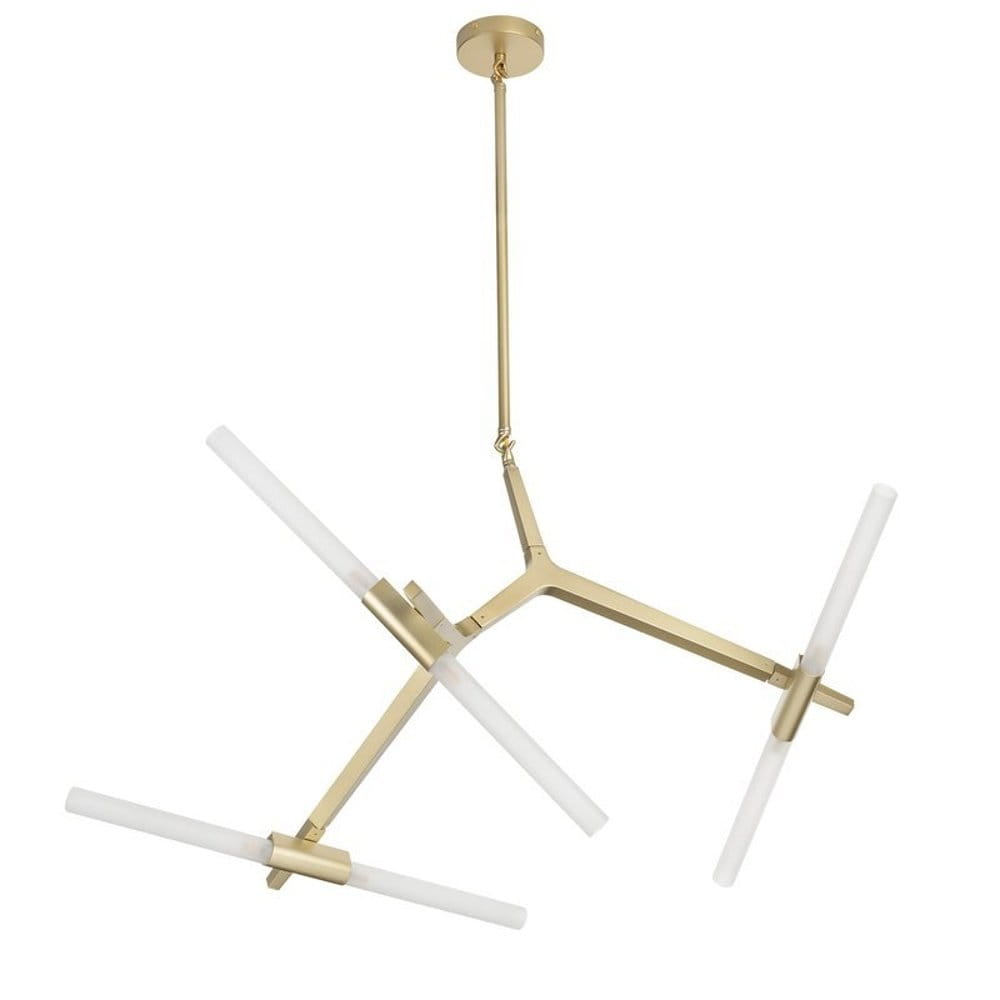 Lampa wisząca Sticks w kolorze złotym z sześcioma ramionami, wyposażona w białe klosze G9. Ujęcie z boku ukazujące nowoczesny design i metalową konstrukcję, zawieszona na cienkim łańcuchu.