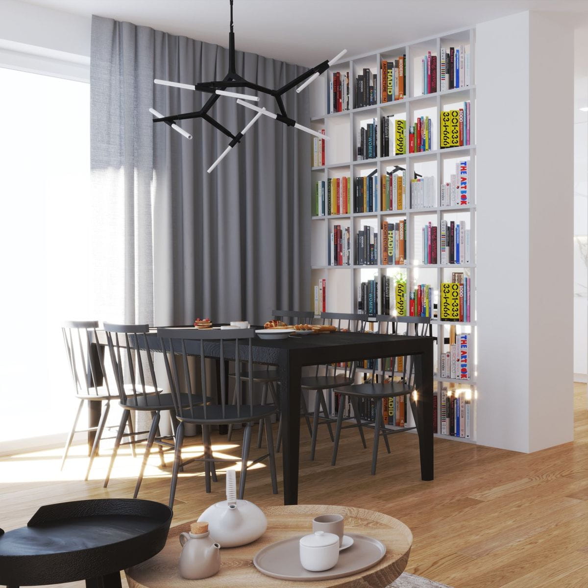 Czarna lampa wisząca Sticks z 10 źródłami światła G9, o nowoczesnym, minimalistycznym designie. Zawieszona nad czarnym stołem w jadalni, w otoczeniu szarych zasłon i białej biblioteki. Wnętrze o drewnianej podłodze, dobrze doświetlone.