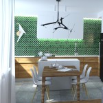 Lampa wisząca Sticks w kolorze czarnym, z dziesięcioma źródłami światła G9, zawieszona w nowoczesnej kuchni. Kształt lampy asymetryczny, z długimi, prostokątnymi ramionami. Tło w intensywnym zielonym kolorze, z białymi meblami i drewnianym stołem.