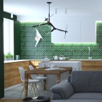 Lampa wisząca Sticks w kolorze czarnym, z 10 miejscami na żarówki G9, zawieszona w nowoczesnej kuchni. Widoczny geometryczny kształt, czarne ramiona oraz kontrastujące tło z zieloną mozaiką. Produkt zamontowany w centralnej części sufitu.