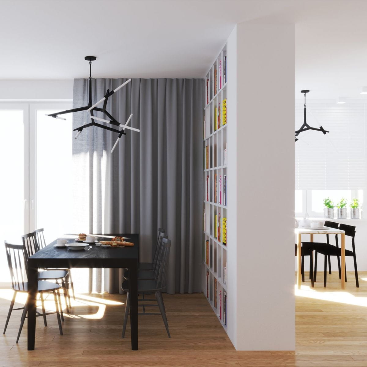 Lampa wisząca Sticks 10xG9 w kolorze czarnym, z geometrycznym kształtem, zawieszona w nowoczesnej aranżacji. Widoczne elementy metalowe i białe akcenty świetlne. Otoczenie: stół z krzesłami, zasłony, regał z książkami.