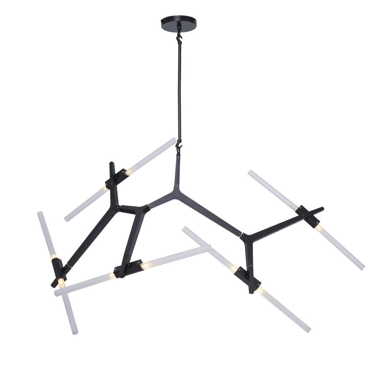 Lampa wisząca Sticks czarna z 10 źródłami światła G9. Konstrukcja metalowa w formie geometrycznej, z białymi, prostokątnymi kloszami. Powieszona na czarnym przewodzie, w kącie z góry. Idealna do nowoczesnych wnętrz.