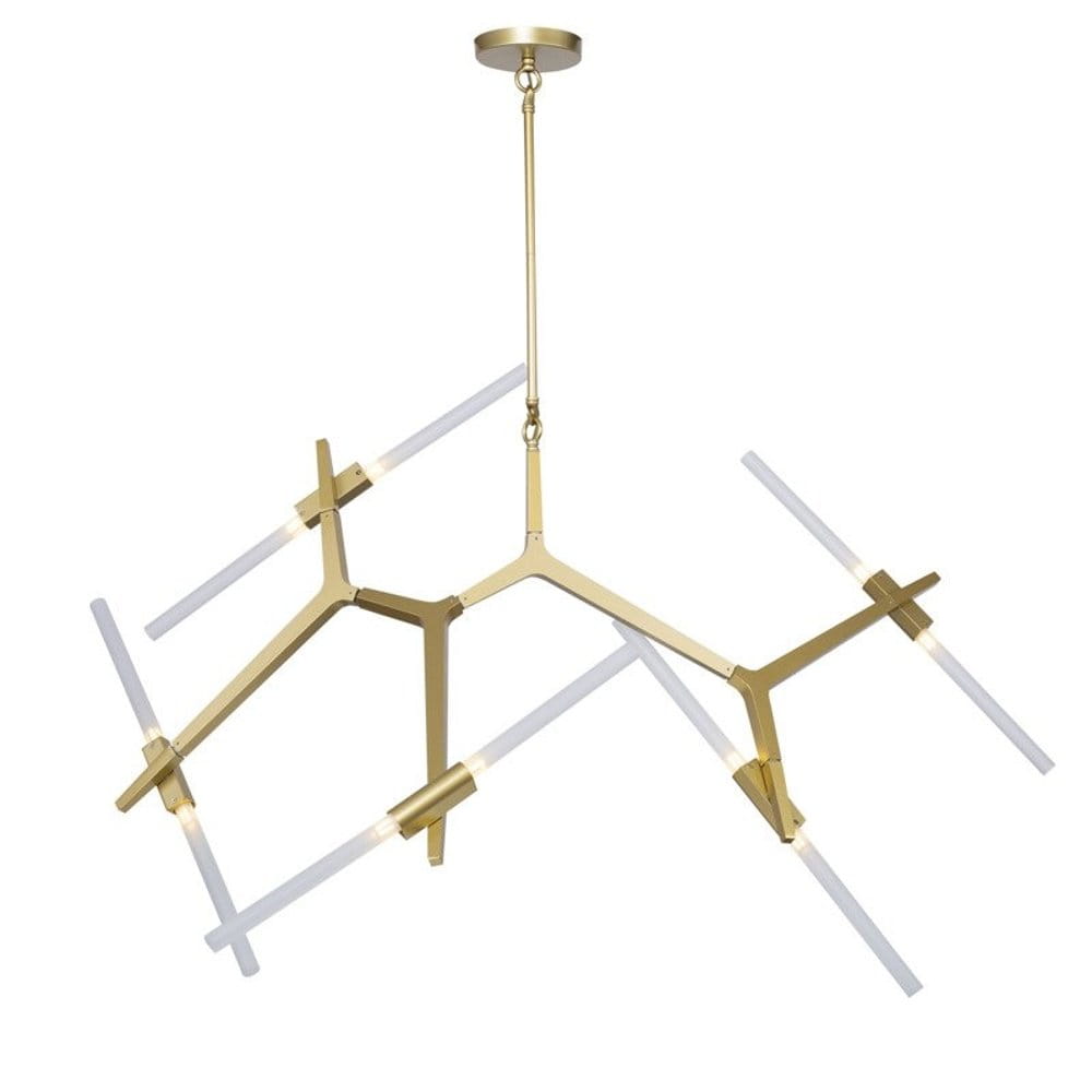 Lampa wisząca Sticks 10xG9 w kolorze złotym, o nowoczesnym, geometrycznym kształcie. Posiada pięć białych, prostokątnych źródeł światła zamocowanych na złotej konstrukcji. Ujęcie frontalne, zawieszona na cienkim łańcuchu, na jednolitym tle.