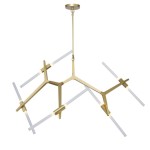 Lampa wisząca Sticks 10xG9 w kolorze złotym, o nowoczesnym, geometrycznym kształcie. Posiada pięć białych, prostokątnych źródeł światła zamocowanych na złotej konstrukcji. Ujęcie frontalne, zawieszona na cienkim łańcuchu, na jednolitym tle.