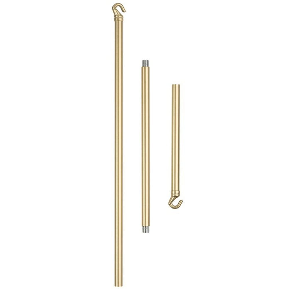 Lampa wisząca Sticks w kolorze złotym, model ST-1001-10, z dziesięcioma oprawami G9. Widoczne trzy różne długości rur metalowych w złotym wykończeniu, w tym jedna z hakiem. Produkt w pozycji stojącej na białym tle.