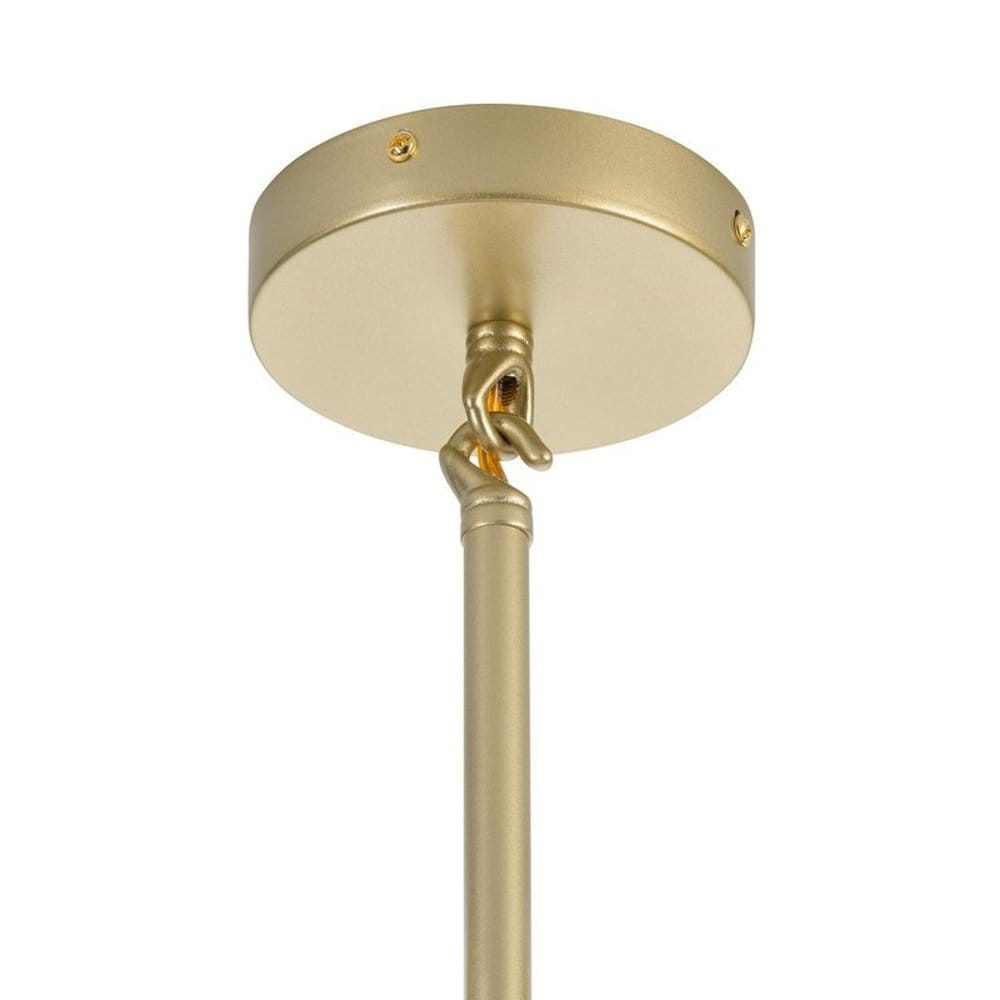 Lampa wisząca Sticks 10xG9 w kolorze złotym, z metalowym, okrągłym mocowaniem sufitowym oraz prostym, metalowym stelażem. Ujęcie z dołu, ukazujące detale montażu oraz wykończenie.