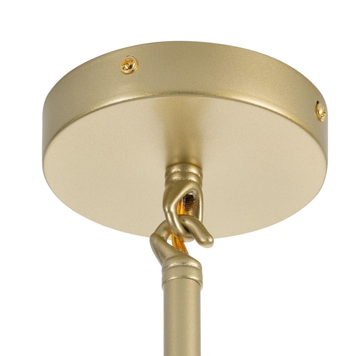 Lampa wisząca Sticks 10xG9 w kolorze złotym, z metalowym, matowym kloszem i dekoracyjnym elementem w kształcie uchwytu. Widok z góry, ukazujący mocowanie do sufitu oraz detale konstrukcyjne.