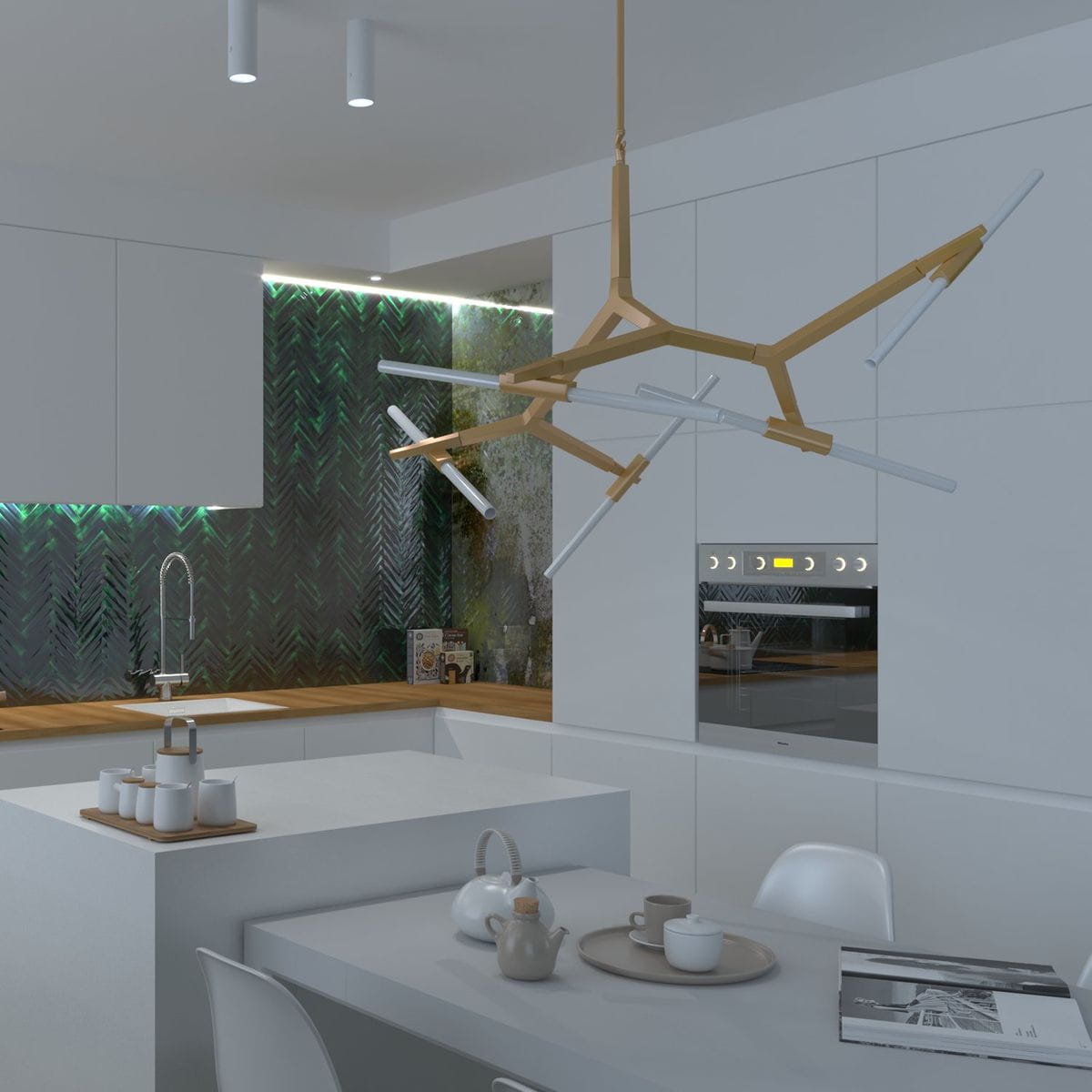Lampa wisząca Sticks 10xG9 w kolorze złotym, o nowoczesnym, geometrycznym kształcie, z białymi źródłami światła. Zawieszona w kuchni nad białym stołem, w tle zielona ściana z wzorem w jodełkę.