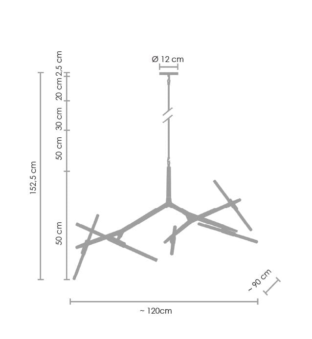 Lampa wisząca Sticks w kolorze złotym, z 10 miejscami na żarówki G9, o nowoczesnym, geometrycznym kształcie. Wymiary: długość około 120 cm, wysokość regulowana do 152,5 cm, średnica mocowania 12 cm.