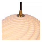 Lampa wisząca Bina z trzech źródeł światła E27, w kolorze czarnym, z oprawą w złotym odcieniu. Klosz w kształcie falistym, wykonany z białego materiału, wiszący na ciemnym kablu. Idealna do nowoczesnych wnętrz.