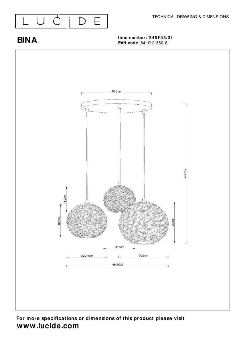 Lampa wisząca Bina w kolorze czarnym z trzema okrągłymi kloszami o średnicy 20,4 cm, 25 cm i 16 cm. Ułożenie: zawieszona, z długimi linkami. Wymiary: szerokość 35 cm, wysokość 142 cm. Prosty, elegancki design, idealna do nowoczesnych wnętrz.