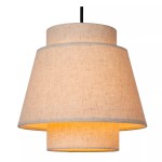 Lampa wisząca Tribute w kolorze czarnym i kremowym, z trzema oprawami E27. Wykonana z materiału, ma dwa stożkowe klosze w różnych rozmiarach, z widocznym podświetleniem w dolnej części. Zawieszona na czarnym kablu, w ujęciu frontalnym.