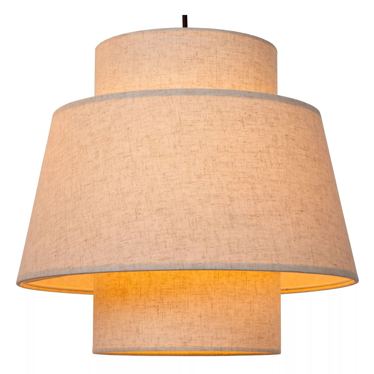 Lampa wisząca Tribute 3xE27 w kolorze czarnym i kremowym, z dwiema stożkowymi abażurami, wykonana z tkaniny. Ujęcie z dołu, ukazujące detale faktury materiału oraz ciepłe światło emitowane z wnętrza. Wymiary i kształt podkreślają nowoczesny design.