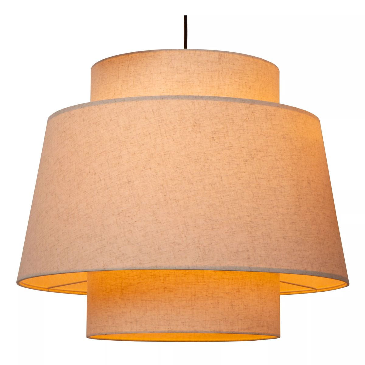 Lampa wisząca Tribute 3xE27 w kolorze czarnym i kremowym, z dwiema abażurami w kształcie stożków, ułożonymi jeden na drugim. Abażury wykonane z materiału, z delikatną teksturą, emitują ciepłe światło. Zawieszona na czarnym przewodzie.