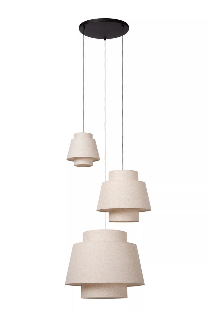 Lampa wisząca Tribute 3xE27 w kolorze czarnym i kremowym, z trzema różnej wielkości kloszami o cylindrycznym kształcie, zawieszona na czarnych linkach. Klosze mają matową fakturę, a całość montowana jest do okrągłej czarnej podstawy sufitowej.