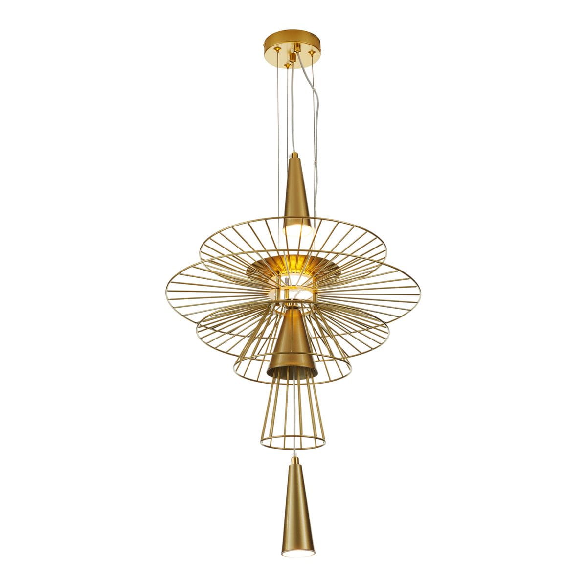 Lampa wisząca Susso D40 w kolorze złotym, z dwoma źródłami światła typu GU10. Wykonana z metalowych elementów w formie ażurowej konstrukcji, składająca się z okrągłych i stożkowatych detali, zawieszona na cienkich linkach.