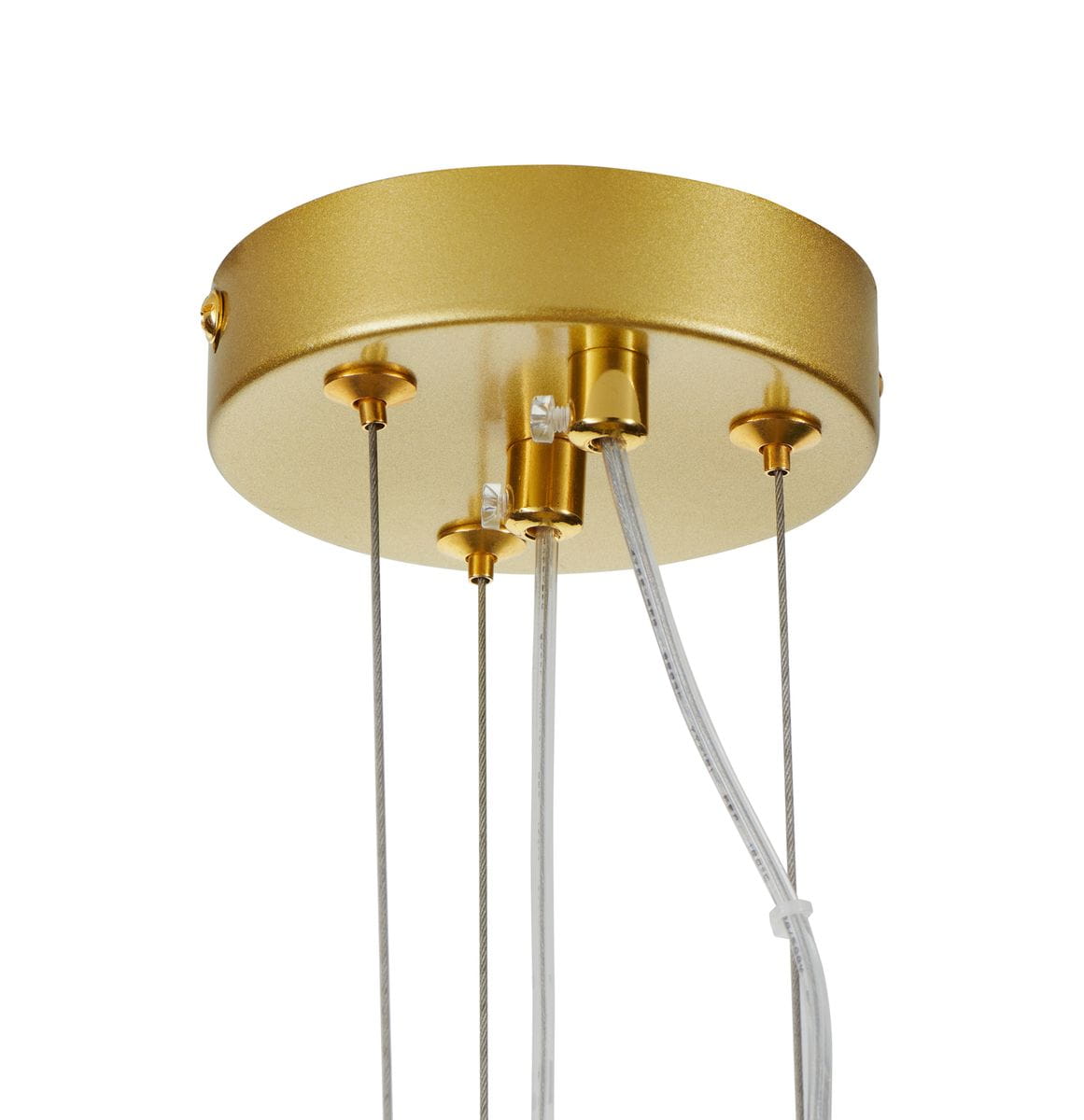 Lampa wisząca Susso D40 w kolorze złotym, z okrągłym, metalowym podsufitką. Zawiera dwa gniazda GU10, zawieszone na przezroczystych przewodach. Widoczna struktura powierzchni, elegancki design, idealna do nowoczesnych wnętrz.
