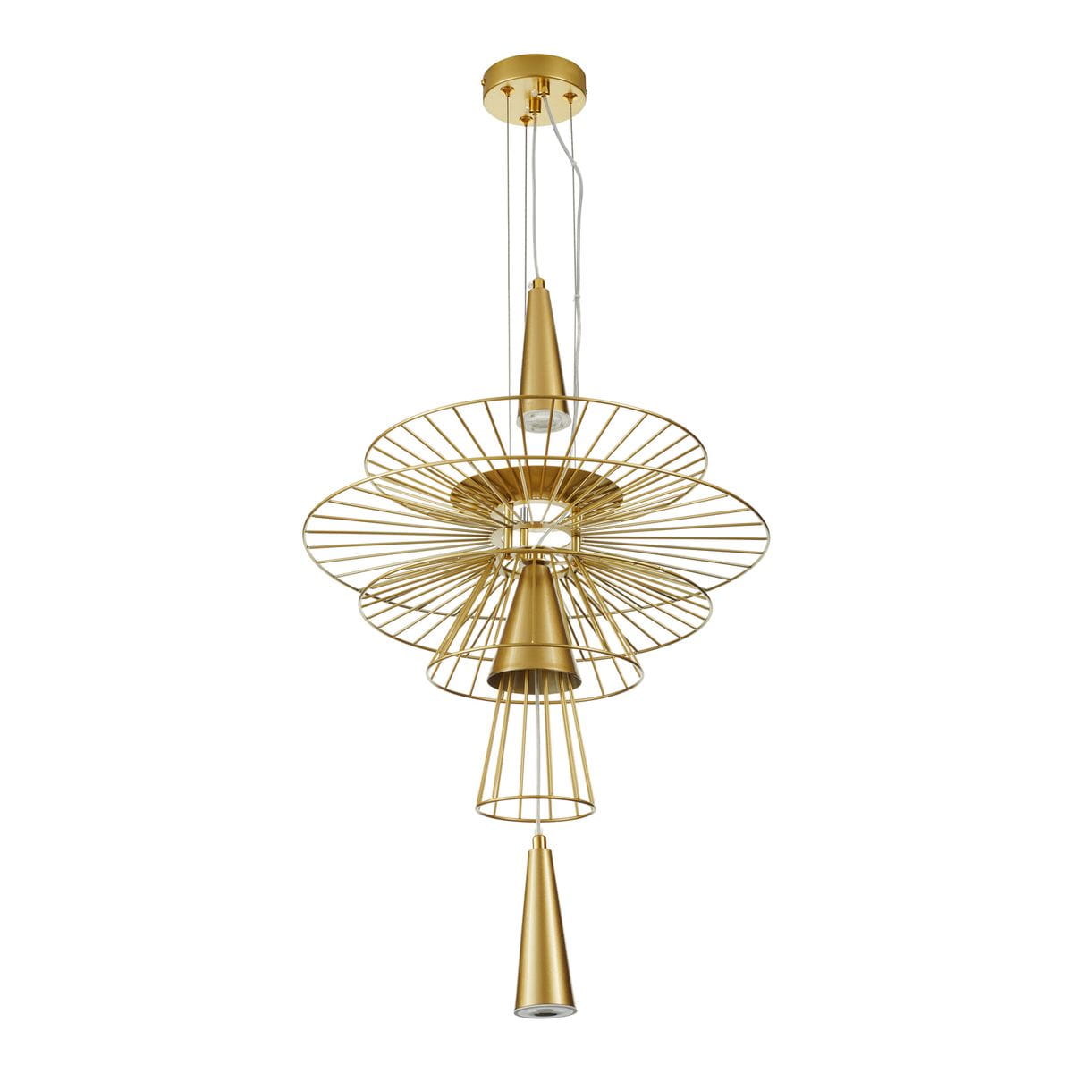 Lampa wisząca Susso D60 w złotym kolorze z dwoma miejscami na żarówki GU10. Konstrukcja z metalowych, okrągłych i stożkowatych elementów, zawieszona na cienkich linkach. Wykończenie matowe, z eleganckim designem.