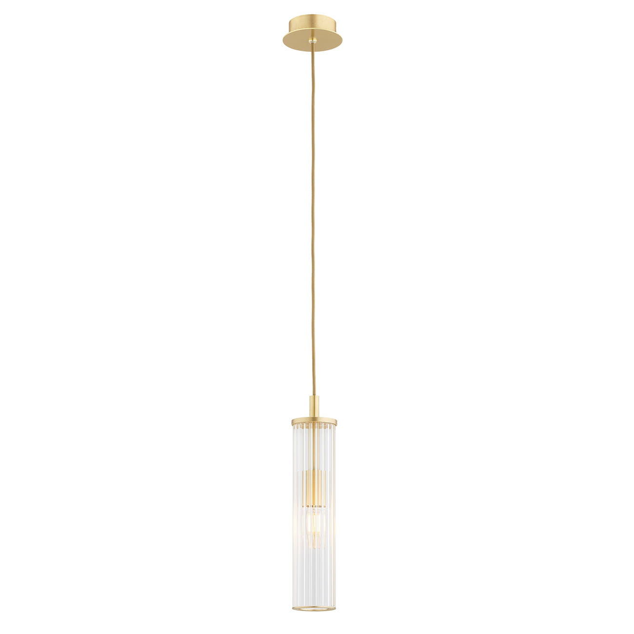 Lampa wisząca Hampton 1xE14 w kolorze mosiądzu, z przezroczystym, cylindrycznym kloszem z poziomymi żłobieniami. Produkt zawieszony na cienkim przewodzie, montowany do sufitu. Prosta, elegancka forma idealna do nowoczesnych wnętrz.