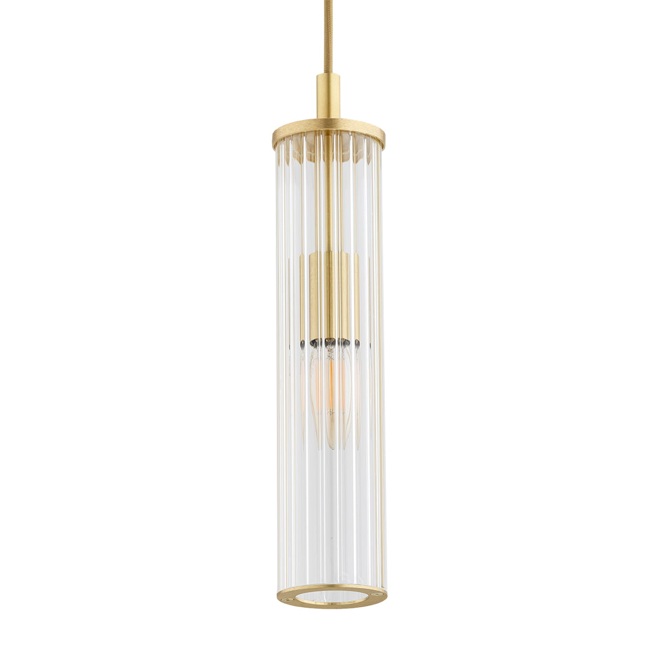 Lampa wisząca Hampton z mosiądzu, z przezroczystym kloszem w formie cylindrycznej, z widoczną żarówką E14. Zawieszona na cienkim kabelku, prezentuje elegancki design. Klosz z poziomymi żłobieniami, metalowe wykończenie w kolorze mosiądzu.