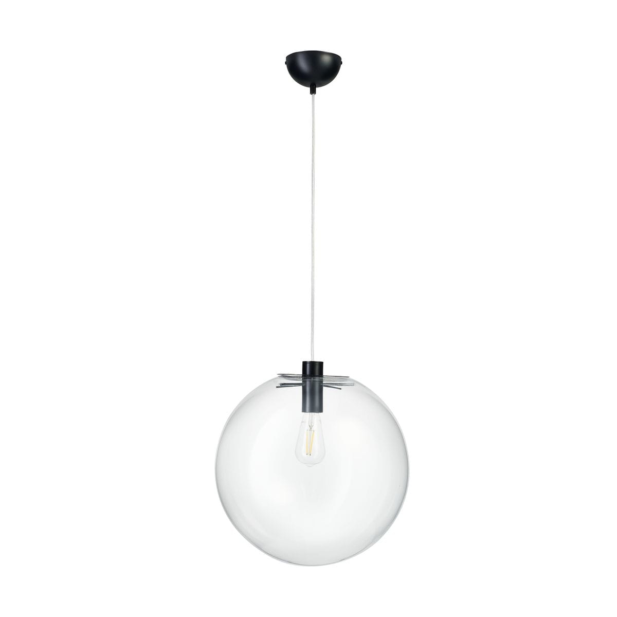 Lampa wisząca Tonda D40 z czarnym mocowaniem, szklana kula o średnicy 40 cm, zawieszona na białym przewodzie. Widoczna żarówka E27 wewnątrz. Prosty, nowoczesny design, idealna do stylowych wnętrz.
