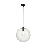 Lampa wisząca Tonda D40 w kolorze czarnym z oprawą na jedną żarówkę E27. Szklana kula zawieszona na białym przewodzie, z metalowym mocowaniem u góry. Prosty, nowoczesny design, idealna do różnych aranżacji wnętrz.