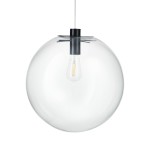 Lampa wisząca Tonda D40 z pojedynczym gniazdem E27, czarna, z przezroczystym, okrągłym kloszem. Ujęcie frontalne, zawieszona na cienkim przewodzie. Widoczna żarówka wewnątrz klosza. Proste tło podkreśla nowoczesny design.