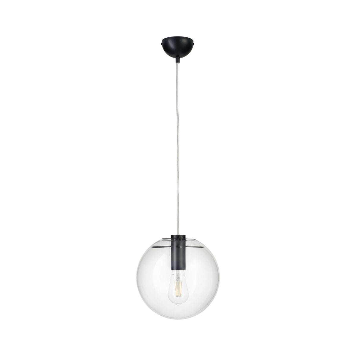 Lampa wisząca Tonda D25 z czarnym uchwytem i przezroczystą, okrągłą kloszem. Posiada miejsce na żarówkę E27, zawieszona na białym kablu. Ujęcie frontalne, prezentujące elegancki design.