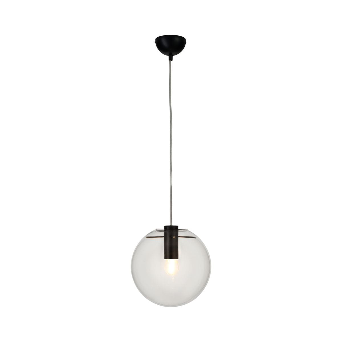 Lampa wisząca Tonda D25 z jednym gniazdem E27, z czarnym metalowym elementem mocującym. Szklana kula w kształcie półkuli, przezroczysta, z widoczną żarówką wewnątrz. Długa, cienka linka zawieszenia. Prosta, nowoczesna forma.