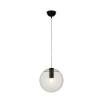 Lampa wisząca Tonda D25 z jednym gniazdem E27, z czarnym metalowym elementem mocującym. Szklana kula w kształcie półkuli, przezroczysta, z widoczną żarówką wewnątrz. Długa, cienka linka zawieszenia. Prosta, nowoczesna forma.