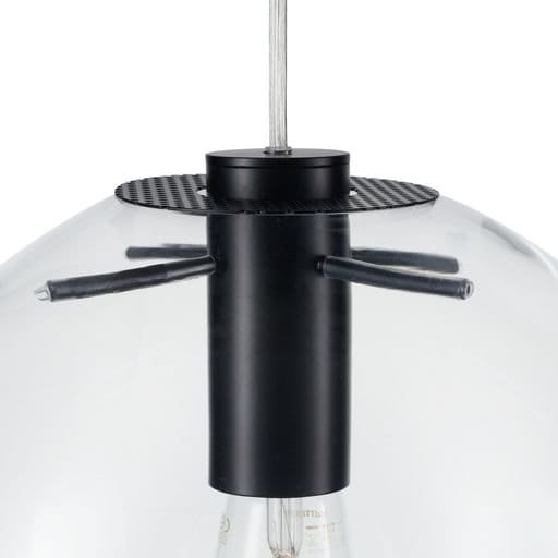 Czarna lampa wisząca Tonda D25 z oprawą na żarówkę E27. Widoczny metalowy element z siatką oraz przezroczysta kopuła. Wisi na cienkim przewodzie, z detalami mocującymi. Idealna do nowoczesnych wnętrz.