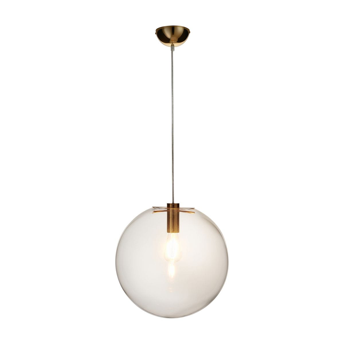 Lampa wisząca Tonda D40 z jedną oprawą E27, z przezroczystym szklanym kloszem w kształcie kuli oraz złotym metalowym mocowaniem. Zawieszona na cienkim przewodzie, idealna do nowoczesnych wnętrz.