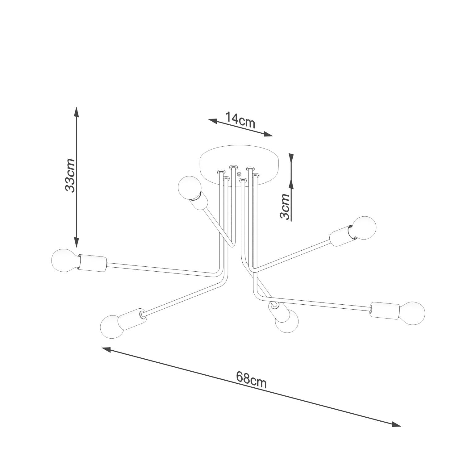 Czarna lampa sufitowa Norah z sześcioma oprawami E27, o wymiarach 68 cm szerokości i 33 cm wysokości. Prosty, nowoczesny design z przewodami rozchodzącymi się od okrągłej podstawy, umieszczona blisko sufitu.