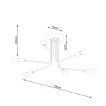 Czarna lampa sufitowa Norah z sześcioma oprawami E27, o wymiarach 68 cm szerokości i 33 cm wysokości. Prosty, nowoczesny design z przewodami rozchodzącymi się od okrągłej podstawy, umieszczona blisko sufitu.