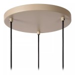 Lambres lampa wisząca w kolorze szarym z trzema oprawami E27. U góry okrągła podsufitka w jasnym odcieniu, z dwoma czarnymi przewodami. Produkt zawieszony w pozycji pionowej, idealny do nowoczesnych wnętrz.